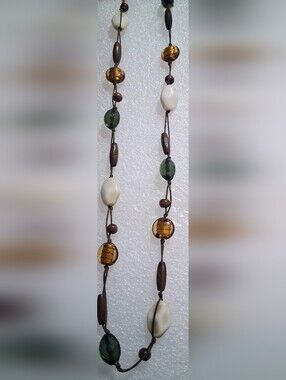 Boho Multi-Bead Pendant Necklace in Green, Amber & Cream